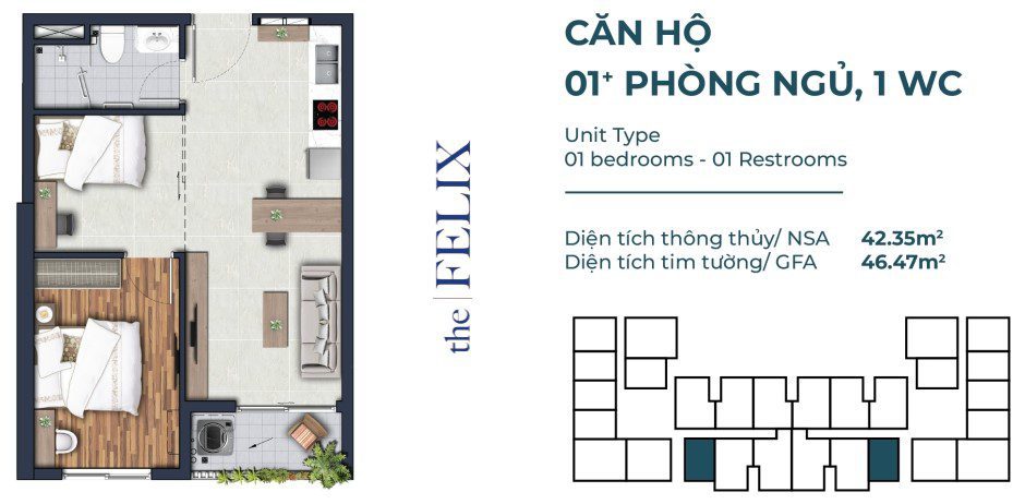 Thiết kế căn hộ The Felix Thuận An Loại 1PN – 1WC – 45.18m2