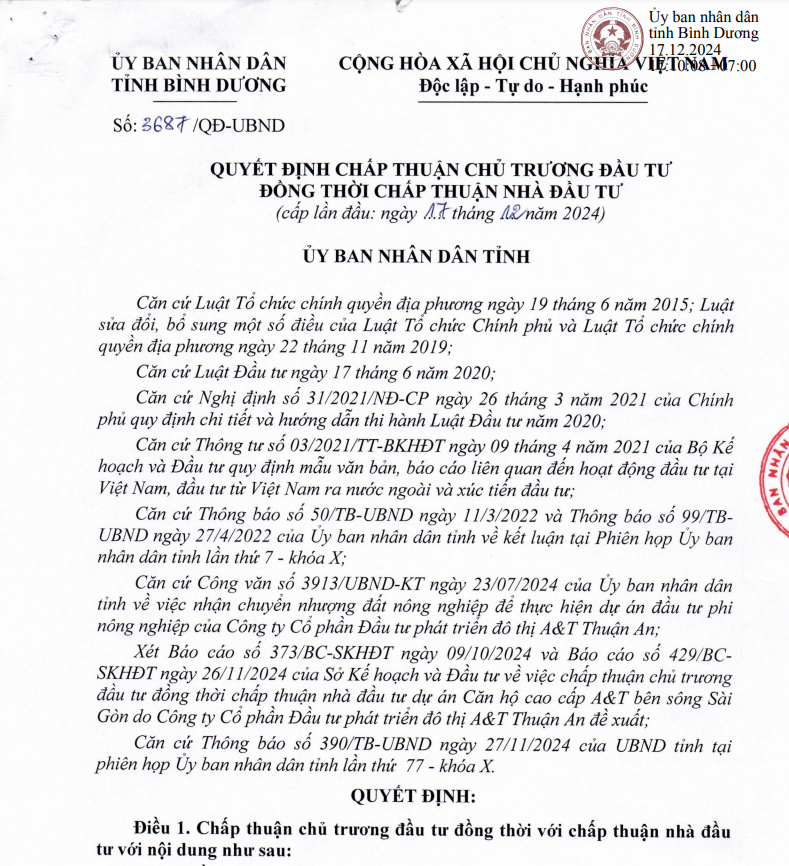 chấp thuận chủ trương dự án at saigon riverisde